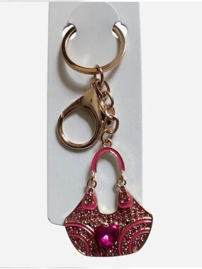 Gold-Tone Pink Heart Handbag Charm Keychain